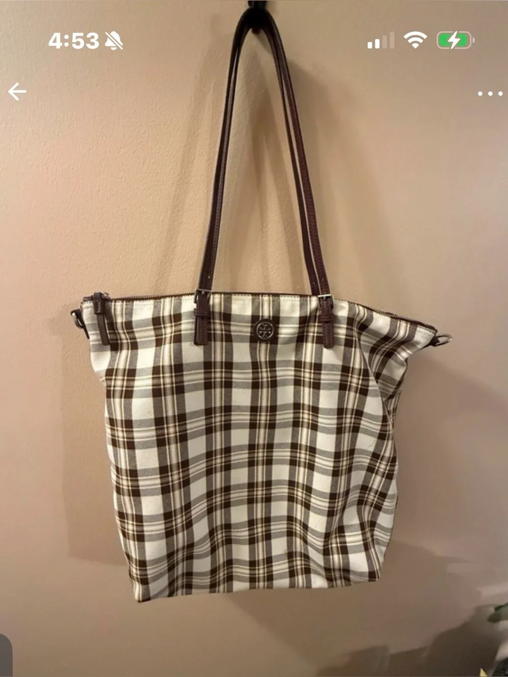 Tory Burch Plaid Canvas Tote Bag with Brown Trim and crossbody strap